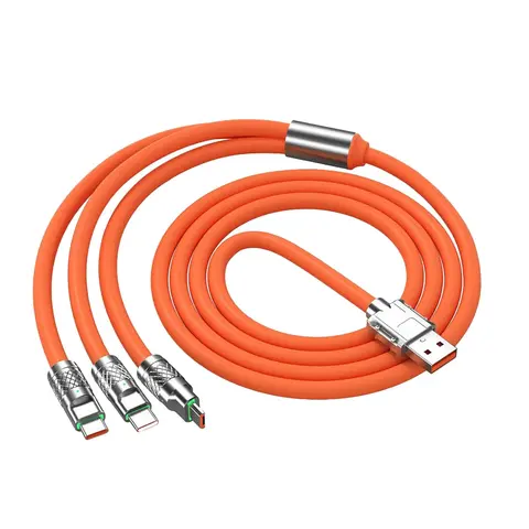 120W High-Power Fast Charger Cable - Orange Silicone Tangle-Free LED 3 in 1 USB to Micro USB/Type-C/Lightning, Flexible Durable Tech-Secure Multi-Device Multi-Cable Charging Accessory for Mobile Phones, Portable International Travel Solution, 3 In 1 Cable