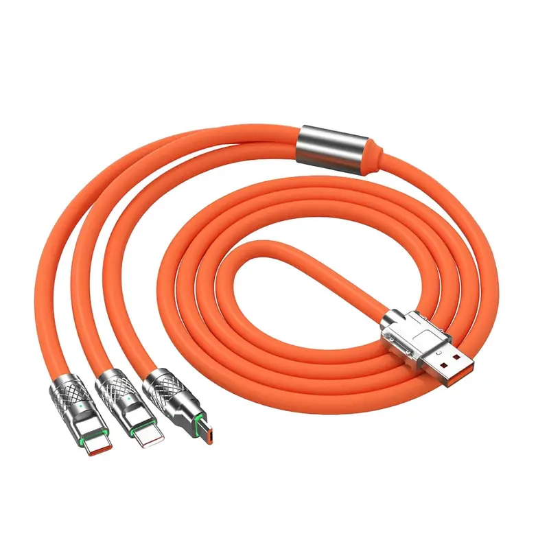 120W High-Power Fast Charger Cable - Orange Silicone Tangle-Free LED 3 in 1 USB to Micro USB/Type-C/Lightning, Flexible Durable Tech-Secure Multi-Device Multi-Cable Charging Accessory for Mobile Phones, Portable International Travel Solution, 3 In 1 Cable