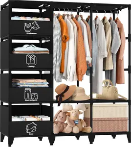 Portable Easy Assembly Large Capacity Wardrobe Closet, Sturdy Stable Clothes Rack with Shelves, 4 Storage Baskets and 2 Hanging Rods for Bedroom and Cloakroom, Black