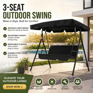 Outsunny 3-Seat Outdoor Patio Swing Chair, Black Steel Frame Swing Bench with Removable Soft Cushion, Adjustable Tilt Canopy, Weather Resistant Furniture for Garden, Balcony, Backyard Leisure Use