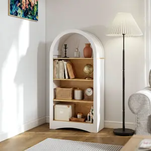 47" White Freestanding Display Rack - 4-Tier Open Woodgrain Shelf, Arched Multifunctional Storage Cabinet for Living Room, Bedroom