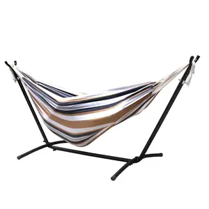 9ft Adjustable Double Outdoor Waterproof Hammock with Steel Frame, Carrier, 59x79" Striped Tan Outdoor Hanging Chair Patio Furniture,summervibes
