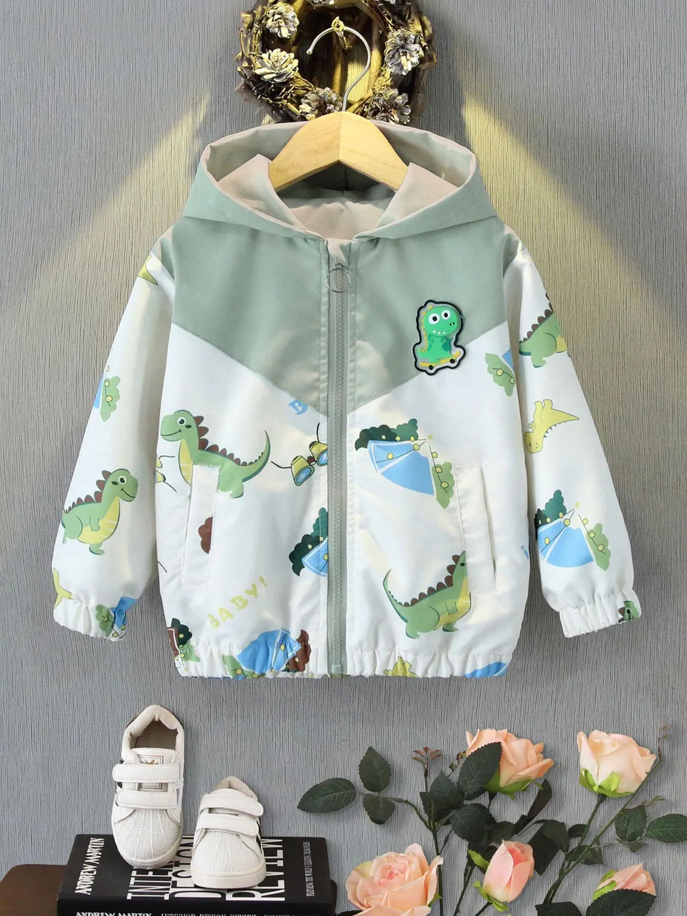 Boy's Cartoon Dinosaur Print Zip Up Hooded Jacket, Cute Casual Long Sleeve Outerwear for Spring & Fall, Kids Clothes for Daily Wear