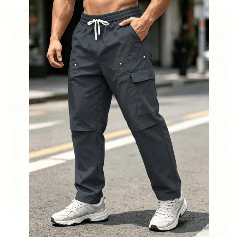 Men's Multi Pocket Outdoor Work Pants, Loose Straight Leg Rivet Design, Tough Fabric, Elastic Drawstring Tie, Full-length Work Style Casual Pants, Are A Great Gift