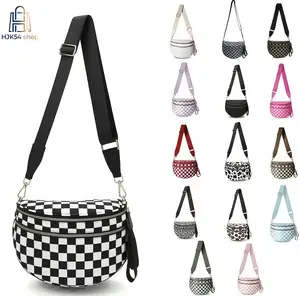 Women's Trendy Crescent Checkerboard Nylon Geometric Pattern Crossbody Bag - Adjustable Crossbody Shoulder Wide Strap, 2-Zipper Pocket, Lightweight Casual Zipper Purse, Fashion Chest Messenger Bag for Daily Travel, Outdoor Sports
