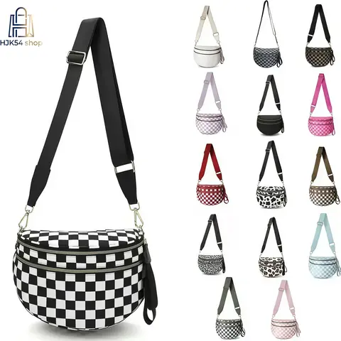 Women's Trendy Crescent Checkerboard Nylon Geometric Pattern Crossbody Bag - Adjustable Wide Crossbody Shoulder Strap, 2-Zipper Pockets, Lightweight Casual Athletic Purse, Fashion Chest Messenger Bag for Daily Travel, Outdoor Sports, Geometric Pattern Bag