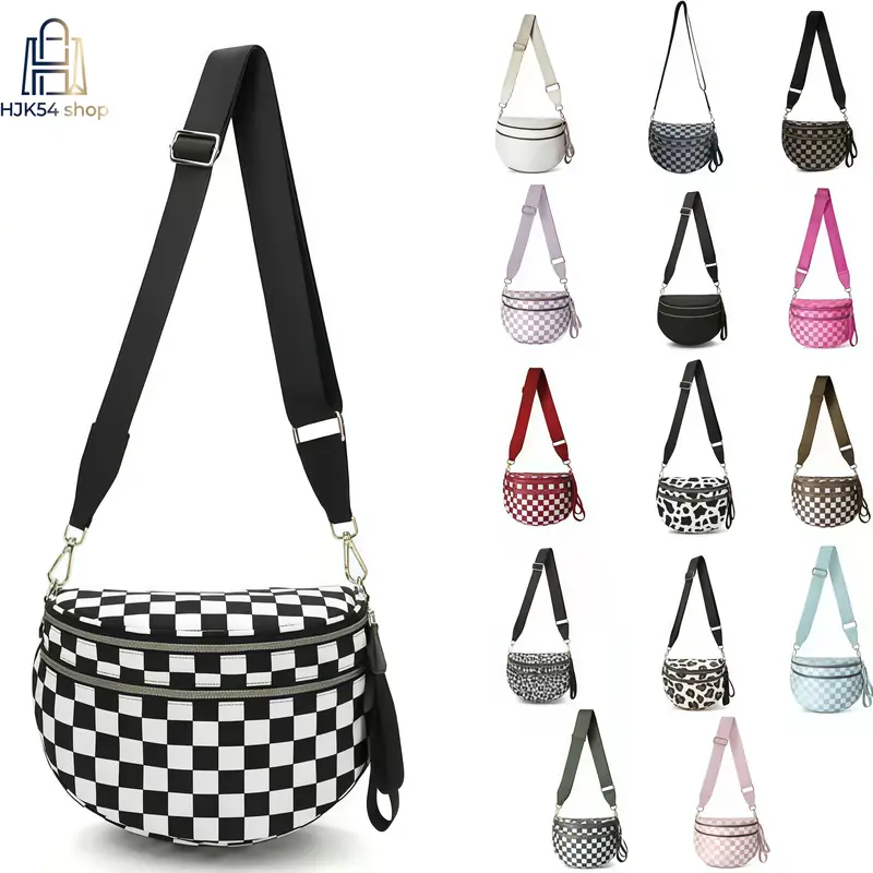 Women's Trendy Crescent Checkerboard Nylon Geometric Pattern Crossbody Bag - Adjustable Wide Crossbody Shoulder Strap, 2-Zipper Pockets, Lightweight Casual Athletic Purse, Fashion Chest Messenger Bag for Daily Travel, Outdoor Sports, Geometric Pattern Bag