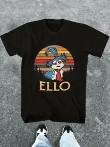 Labyrinth Worm 'ELLO' Retro Vintage Sunset Graphic T-Shirt – Black 100% Cotton Nostalgic 80s Movie Fan Tee