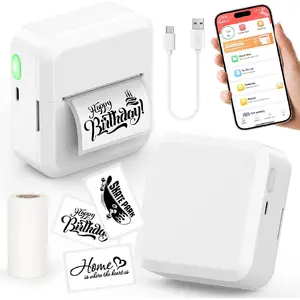 Portable Bluetooth label printer, equipped with a 30x50mm label tape, compact wireless mini label printer, suitable for home, office, kitchen, compatible with iOS and Android systems, white