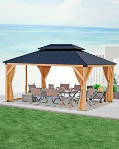 Hardtop Spruce Wood Gazebo 10'x12', with Double Roof of Metal Sheets, 4.7'' Heavy Duty Poles, Net, and Curtain, Permanent Building for Patio, Deck, Backyard, Lawn, and Garden, Khaki