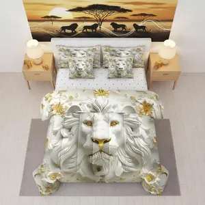 Wild Lion Comforter Set with Sheets Africa Tropical Animal 7 Piece Bedding Set for Kids Boys Girls Exotic Flowers Aesthetic Bed in a Bag Soft Bedding Comforters