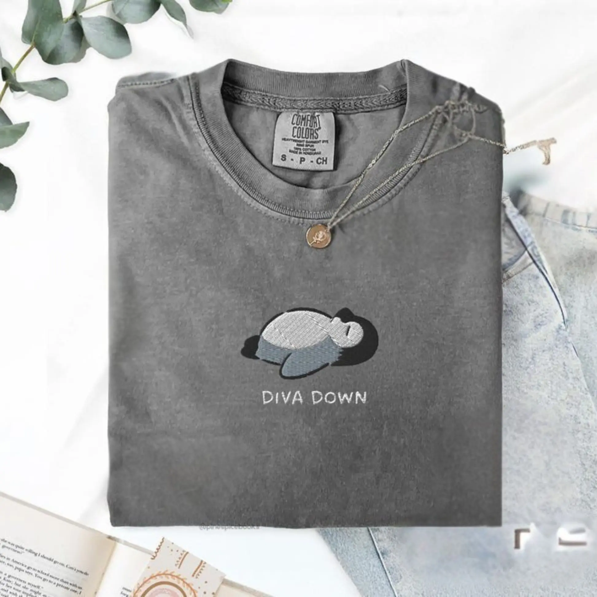 [MADE IN US] Diva Down Penguin T-Shirt, Funny Penguin Embroidered Tee, Cute Animal Shirt, Comfort Colors T-Shirt, Summer Shirt