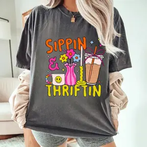 Retro Sippin’ & Thriftin’ Tshirt, Coffe and Shoping Lover, Western Boutique Fashion For Her Top, Country Vibe Styles