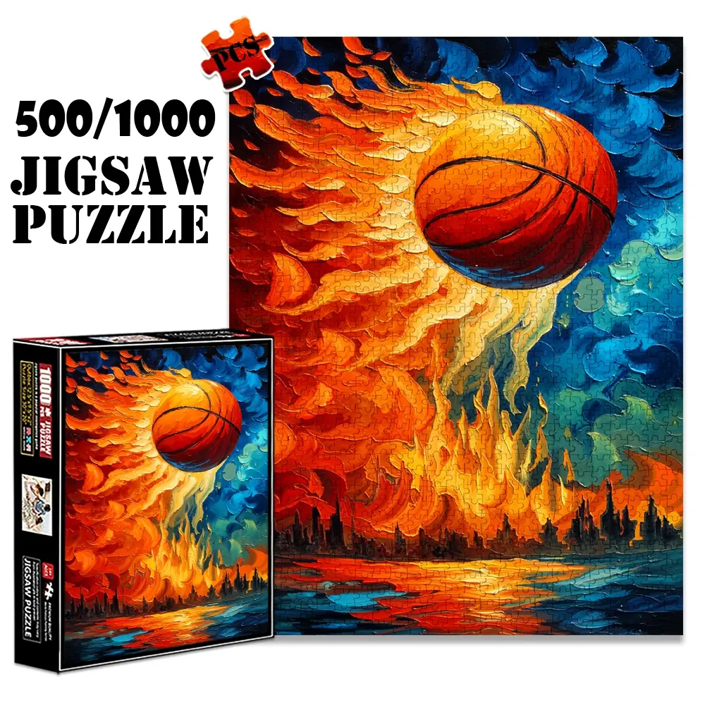 1pc 1000 piece adult puzzle 70x50cm Basketball with Flames over Cityscape500 pieces of paper jigsaw puzzle, suitable for adults and families, large-scale DIY puzzle interactive toy games, birthday h