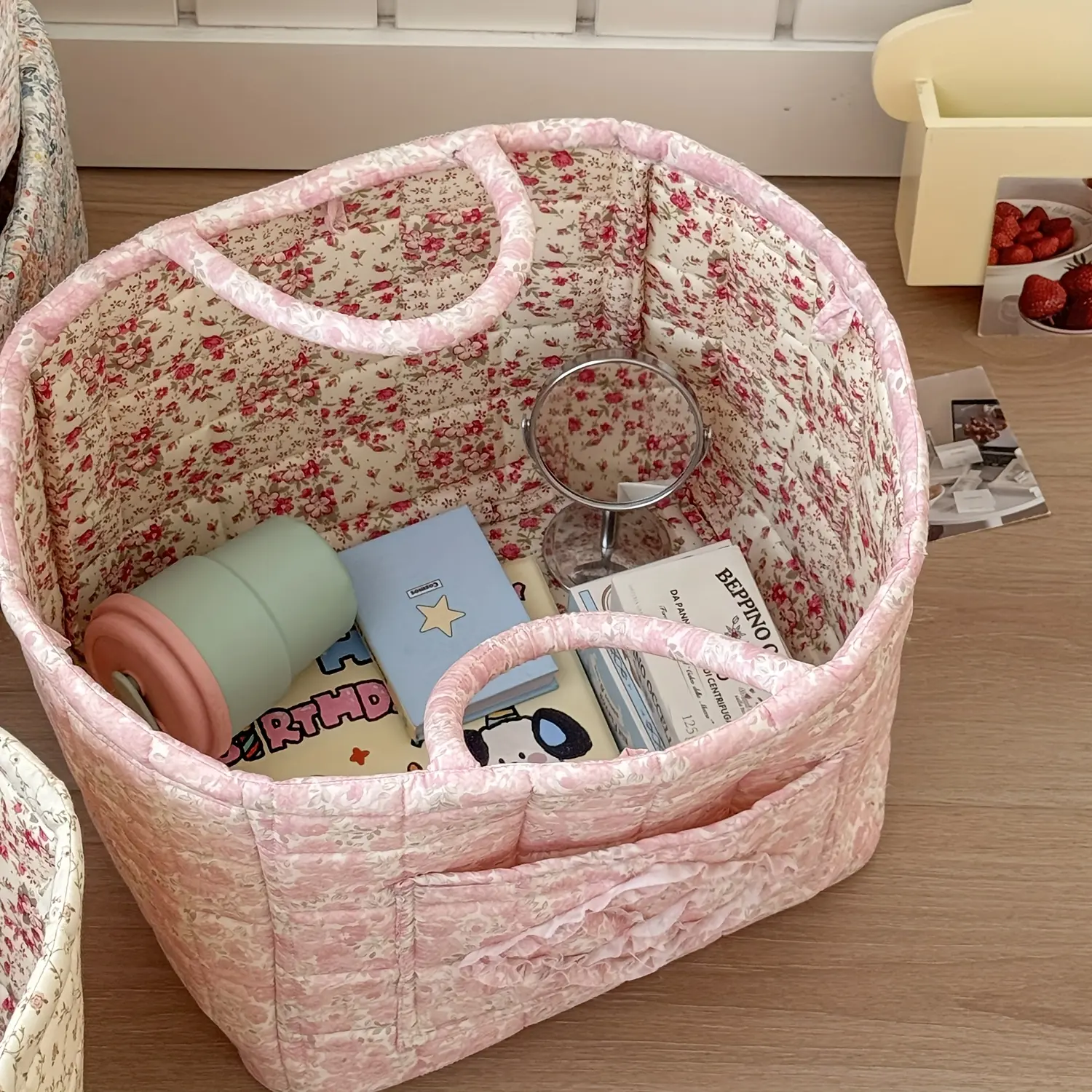 Beige French Country Floral Embroidery Rectangular Fabric Storage Basket with Handles - Foldable, Large-Capacity, Zippered Home Organizer Tote for Small Items (Cards), Floral Embroidery Storage Basket - Beige Backgrou