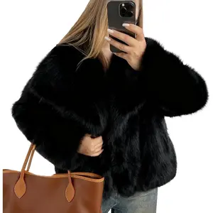 Women's Cropped Fluffy Faux Fur Coat Open Front Long Sleeve Furry Jacket with Pockets