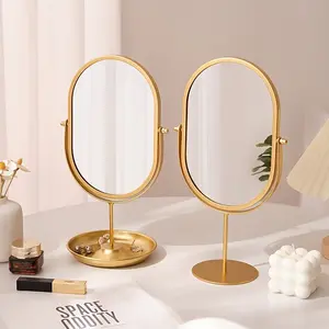 1pc Elegant Golden-Finish Rotating Makeup Mirror - 360° Adjustable, Decorative Metal Vanity Mirror with Glass Surface for Bedroom, Dresser, Bathroom - Chic, No-Battery Needed