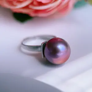 Piswency Freshwater Pearl Ring, AAAA Edition Natural Purple Pearl Ring, Sterling Silver Adjustable Ring