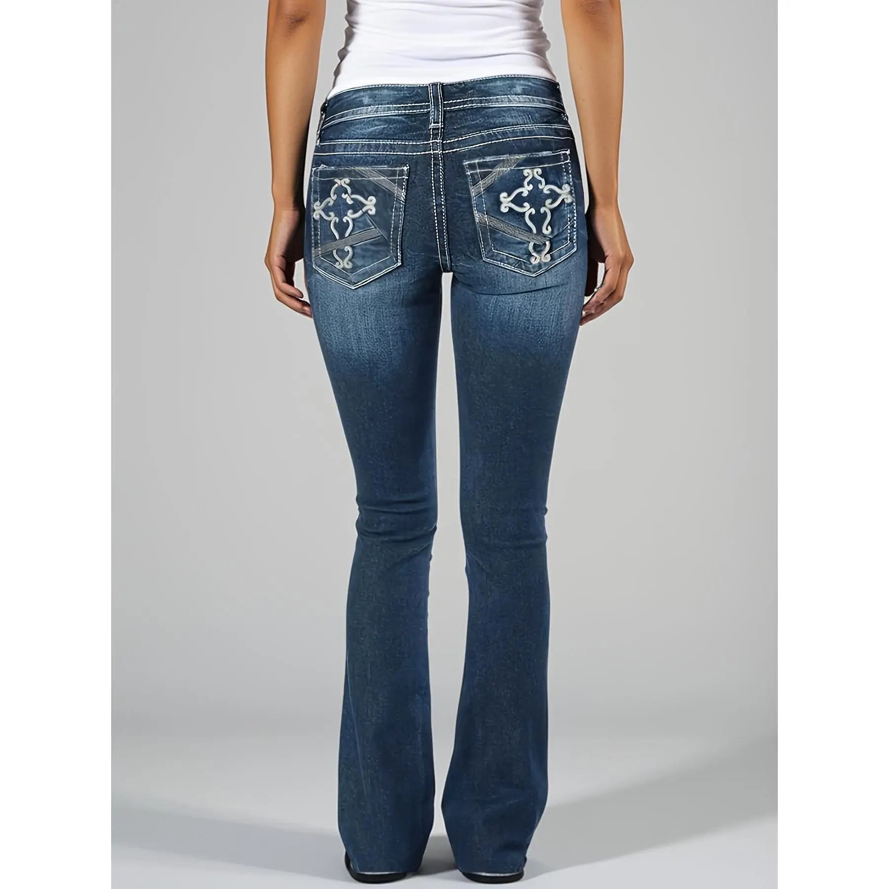 Women's Flare Bootcut Jeans with Back Embroidery, Mid Waist Polyester Denim for All Seasons with Stylish Chain Accent