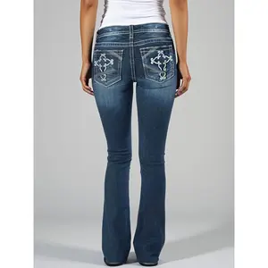 Women's Embroidered Flare Jeans with Detailed Back Pockets & Distinctive Bootcut Style All Seasons Fashion