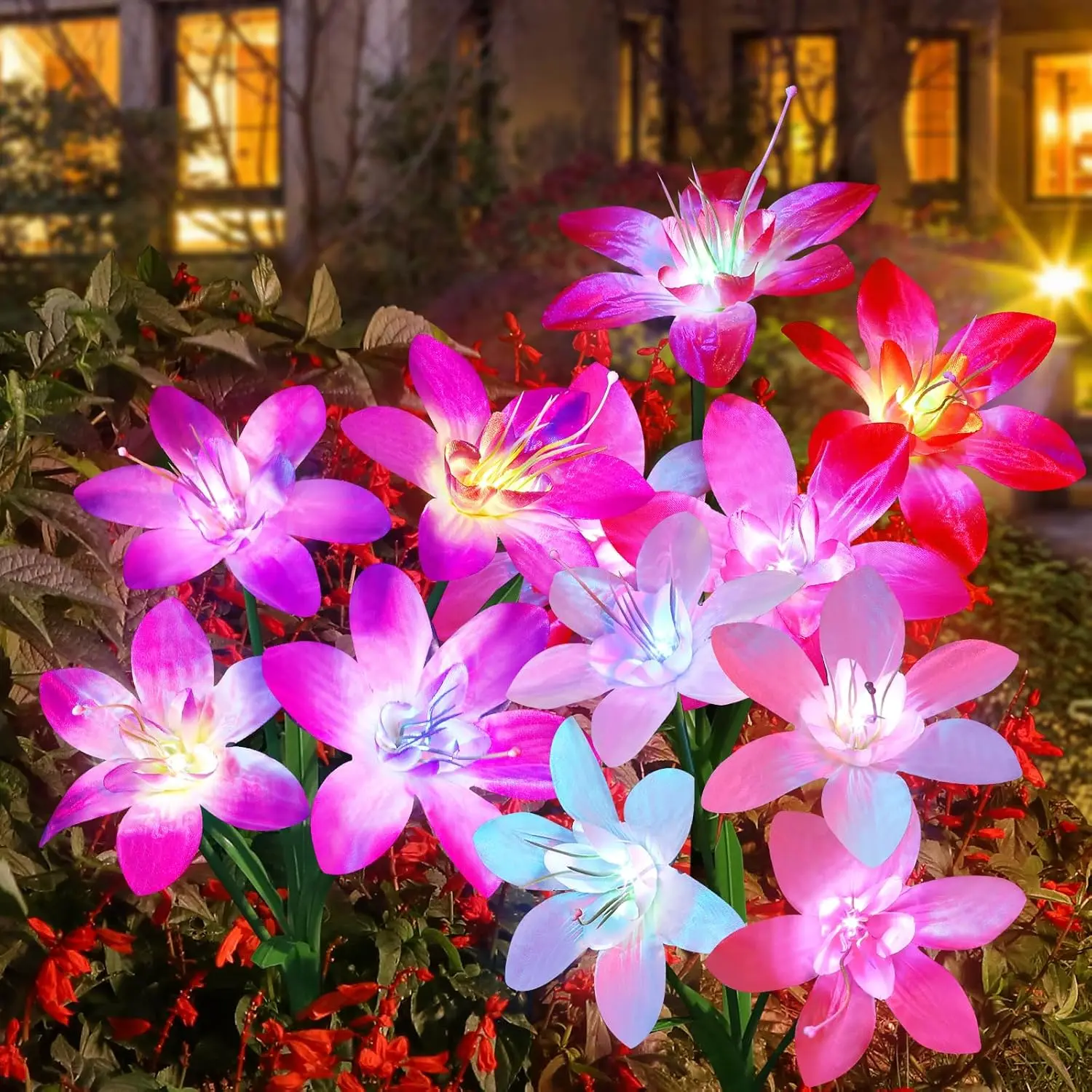 Solar Garden Lights Outdoor 5 Pack, 5 Colors Lily  & 7-Color Changing Slide Beads  for Outside Pathway Patio Yard Decorations  Mother's Day , Red Yellow Blue White Purple