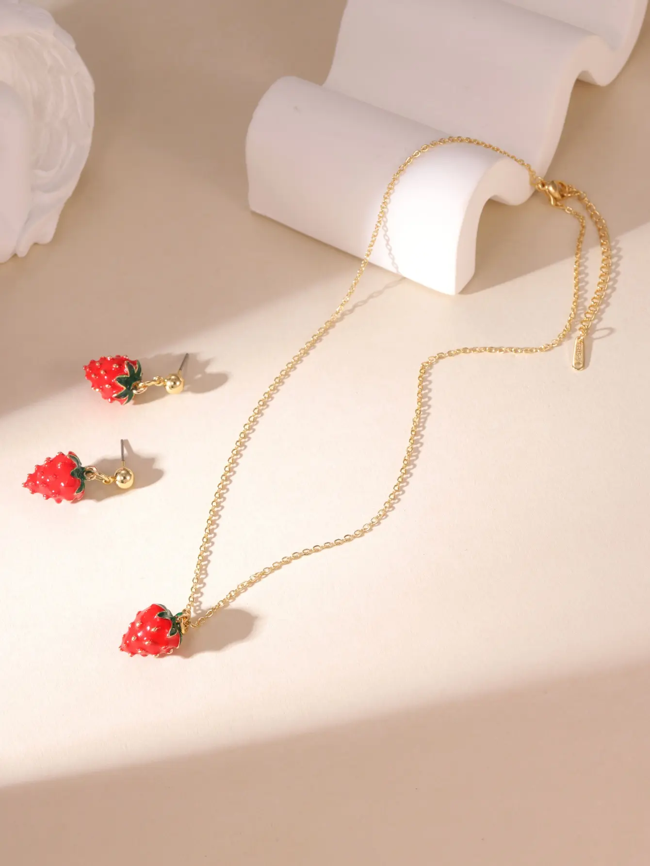 Women's 2-Piece Strawberry Fashion Accessory Set - Cute Fruit Pendant Necklace, Dangle Earrings, Trendy Jewelry Set for Casual Outfits