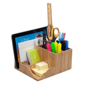 Bamboo Multi-Level Desktop Organizer | All-in-One Stationery & Media Hub