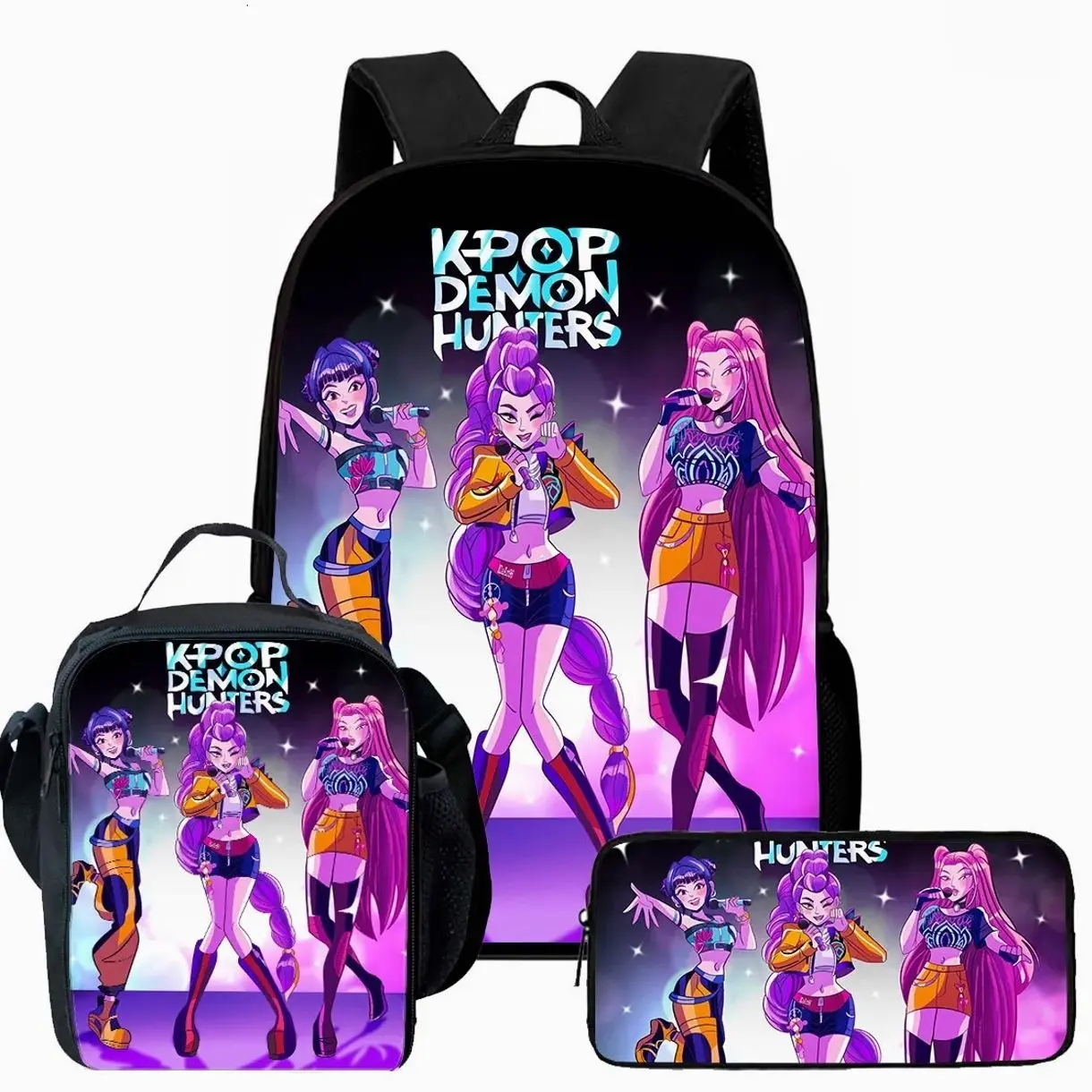 16-Inch Cartoon Demon Hunter Backpack 3 Pcs Set | Kids School Bag Insulated Lunch Box Pencil Bag | Cool Gift for Student