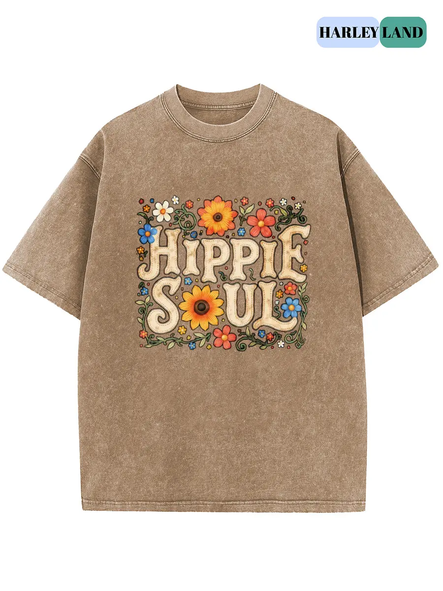 Harleyland Women's Vintage Loose T‑Shirt,100% Cotton Acid Wash Short Sleeve Top Hippie Soul Sunflower Wild Floral Border Retro Letter Graphic Drop Shoulder Baggy Pure Cotton Tee For Casual Outdoor Summer Wear Unisex Summervibes