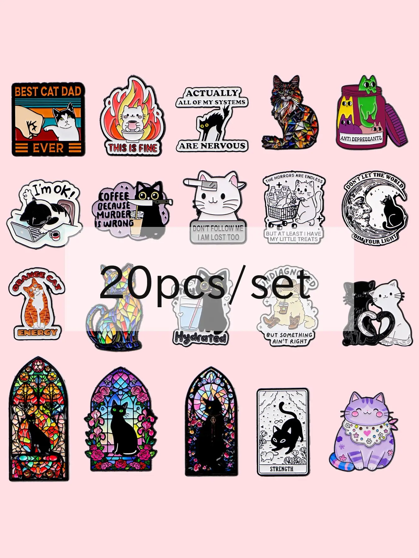 20pcs/set  Enamel Cute Cat Brooches, Stylish Decor Pins, Brooch Pin Clip, Animal and Quote Pins, Perfect Accessory Gift for Cat Lovers, Durable Metal Pins, Enamel Lapel Pins