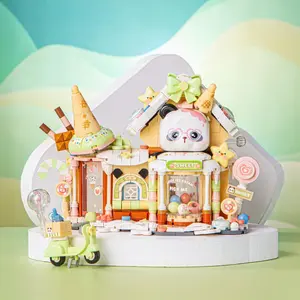 Panda Ice Cream House Design Building Blocks, Street View Panda Ice Cream House DIY House Puzzle Building Blocks, Small Particle Assembly Toys, Building Block Sets