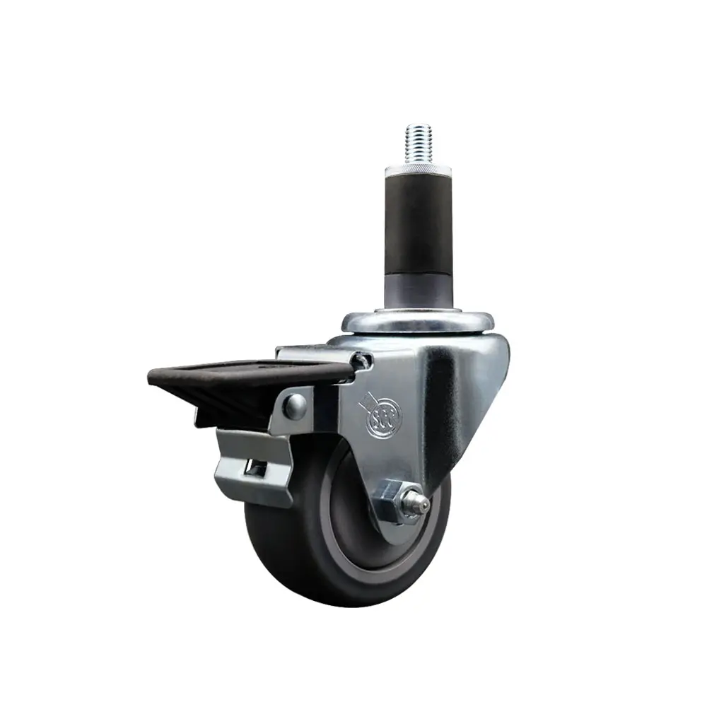 Service Caster SCC-EX20S314-TPRB-PLB-114 Thermoplastic Rubber Swivel Caster with 3 in. Gray Wheel, 1.25 in. Stem, Posi Locking Brake, Bright Zinc Plated Finish, 210 lbs Capacity for Round or Square Tube Legs, Service Caster Series #20, Casters