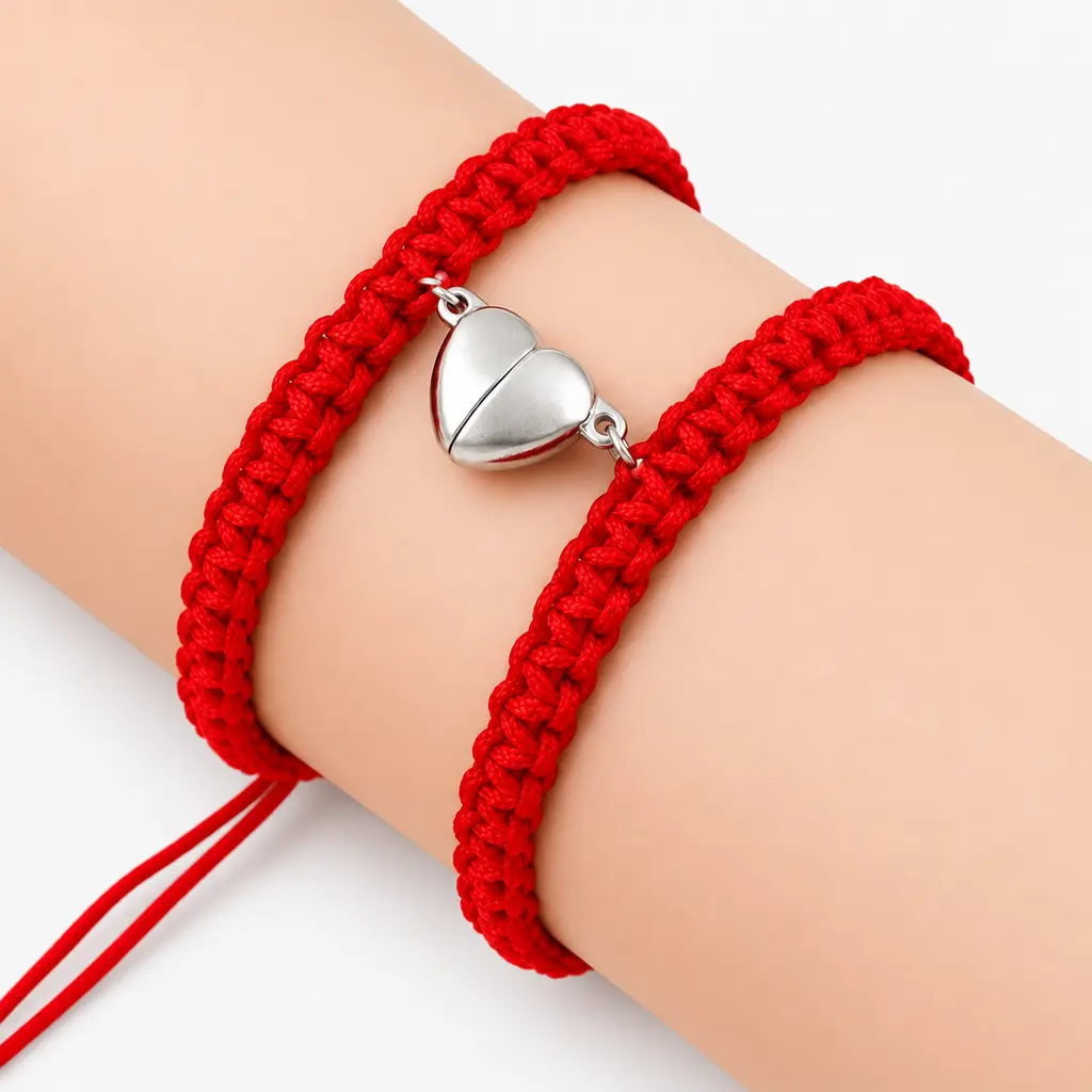 Couple's Magnetic Heart Alloy Charm Bracelets - Macrame Weave Nylon Rope Red String of Fate Matching Pair, Adjustable 6.3 to 11.8 inches, 0.21 oz Casual Costume Jewelry for Long-Distance Relationships, Birthday Commemorative