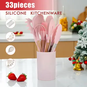 33-Piece Baking Utensil Set for Home Use with Heat-Resistant Silicone Heads (Safe for Non-Stick Cookware), Comfortable Wooden Handles, and Included Storage Rack – Complete Tool Kit for Cake Making