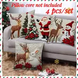 Neutral Square Christmas Pillow Set (Pack of 4) - Santa + Rabbit Combination, Reindeer Pattern, Christmas Style Home Goods, House Decoration, Living Room Soft Decoration, Holiday Party Supplies,techvibes