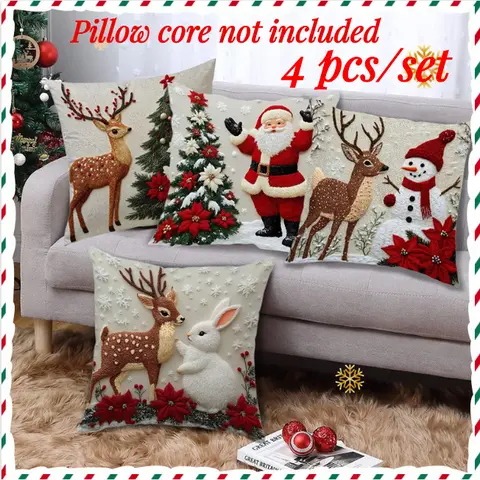 Neutral Square Christmas Pillow Set (Pack of 4) - Santa + Rabbit Combination, Reindeer Pattern, Christmas Style Home Goods, House Decoration, Living Room Soft Decoration, Holiday Party Supplies,techvibes