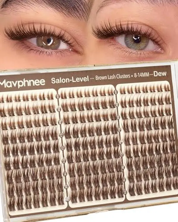 Brown Lash Clusters Wispy Wet Set Eyelash Extensions 8-14MM Doll-Like Cluster Lash Extensions with C Curve & Soft Brown Band 189Pcs Individual Lashes, Easy to Apply (Dew)