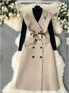 Women's Burgundy Red Retro Trench Coat - Long Collar with White Piping, Golden-T