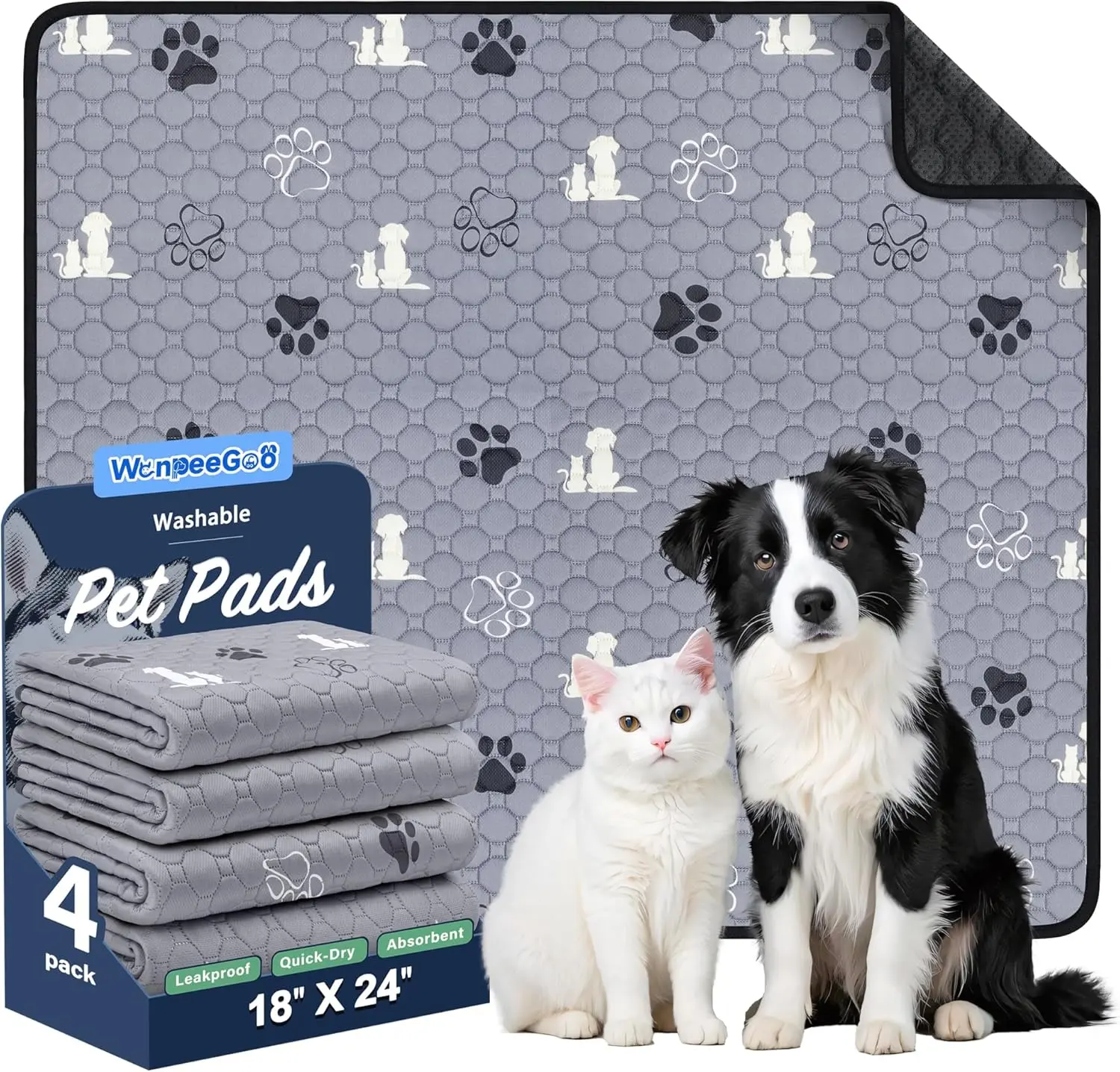 Washable Pee Pads Dogs 4 Pack Absorbent Reusable Training Dog Pads Pet Puppy Pads Non-Slip Potty Pads Whelping Grey 18"x24"