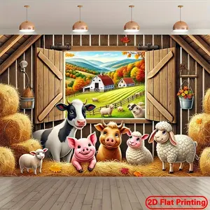 2D Flat 1PC Polyester Banner, Cartoon Farm Animal Theme Design, Cow, Pig & Sheep with Barn and Autumn Countryside Background, Warm Childlike Style, Ideal for Farm Party, Kids Birthday, Kindergarten Event, Indoor Outdoor Decor, Durable Fabric,