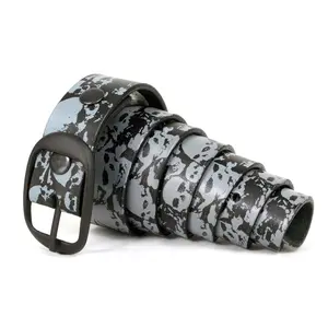 Men's Grey Skull Heads Black Genuine Leather Biker Belt with Interchangeable Buckle