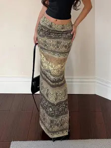 Vintage Floral Print Side Slit Straight Leg Long Dress, Bohemian Style Women's Summer Skirt, Casual Fashion for Ladies