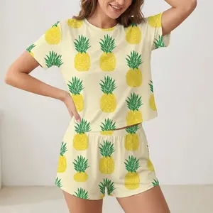 Women's Pineapple Print Short Sleeve Pajama Set, Soft Breathable Sleepwear, Summer Loungewear, Cute Comfy Two-Piece Pjs for Women, Elastic Waist Shorts & Round Neck Top