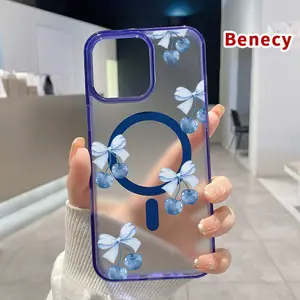Magnetic Phone Case Supports Wireless Charging for iPhone 16 Pro Max 15 Plus 14 13 12 11 XS XR E Blue Cherry Bows Pattern Shockproof Soft Silicone Transparent Cover Cellphone Protective