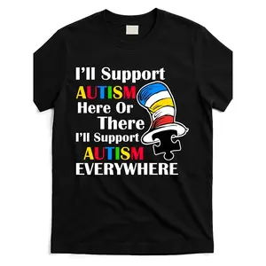 Men's "Support Autism Here Or There And Everywhere" Graphic T-Shirt - Soft Cotton Classic Round Neck Short-Sleeve Tops, Breathable Elastic Fabric Regular Fit, Machine Washable Casual Daily & Outdoor Menswear