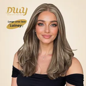 Lainey H-NEW COLOR DWY 13×4 Free Parting Hand -Tied Top Middle Length Light Brown with Highlights  Glueless Synthetic Wig for Women 18 Inches