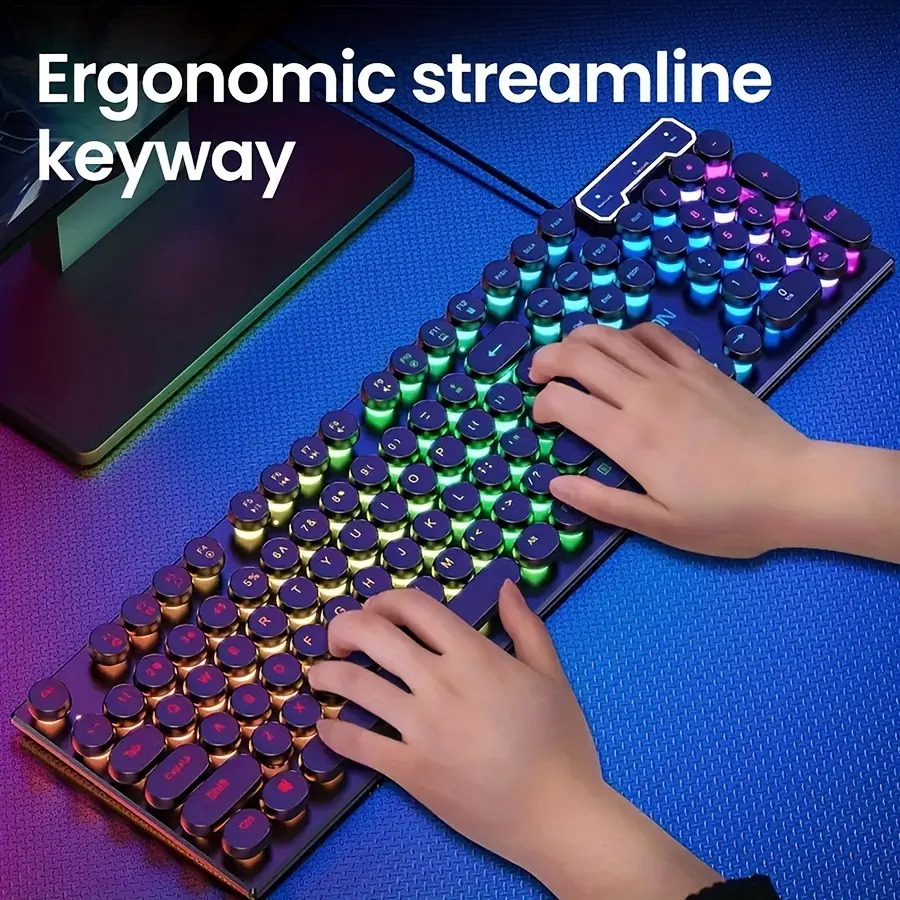 Lighted Mechanical Gaming Keyboard and Mouse Set, Retro Round Keys, Wired Blue Switch, RGB Side Lights, Removable Wrist Rest, USB Connectivity, Keyboard for Gaming & Office Work, Lighted Mechanical Keyboard