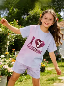 I love the cheerleading outfit with digital printing, a sweet and cute casual clothing set. It is a Fitted Round Neck T-shirt and shorts set suitable for daily wear and outdoor sports, making it a perfect gift for girls.