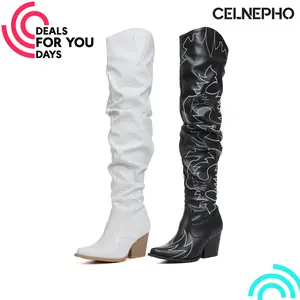 CELNEPHO Women Cowboy Boots Pointed Toe Retro Embroidery Design Chunky Block Heel Easy Pull on Western Cowgirl Boot Work Cosplay Events Country Wedding Dress Shoes Deals For You Days