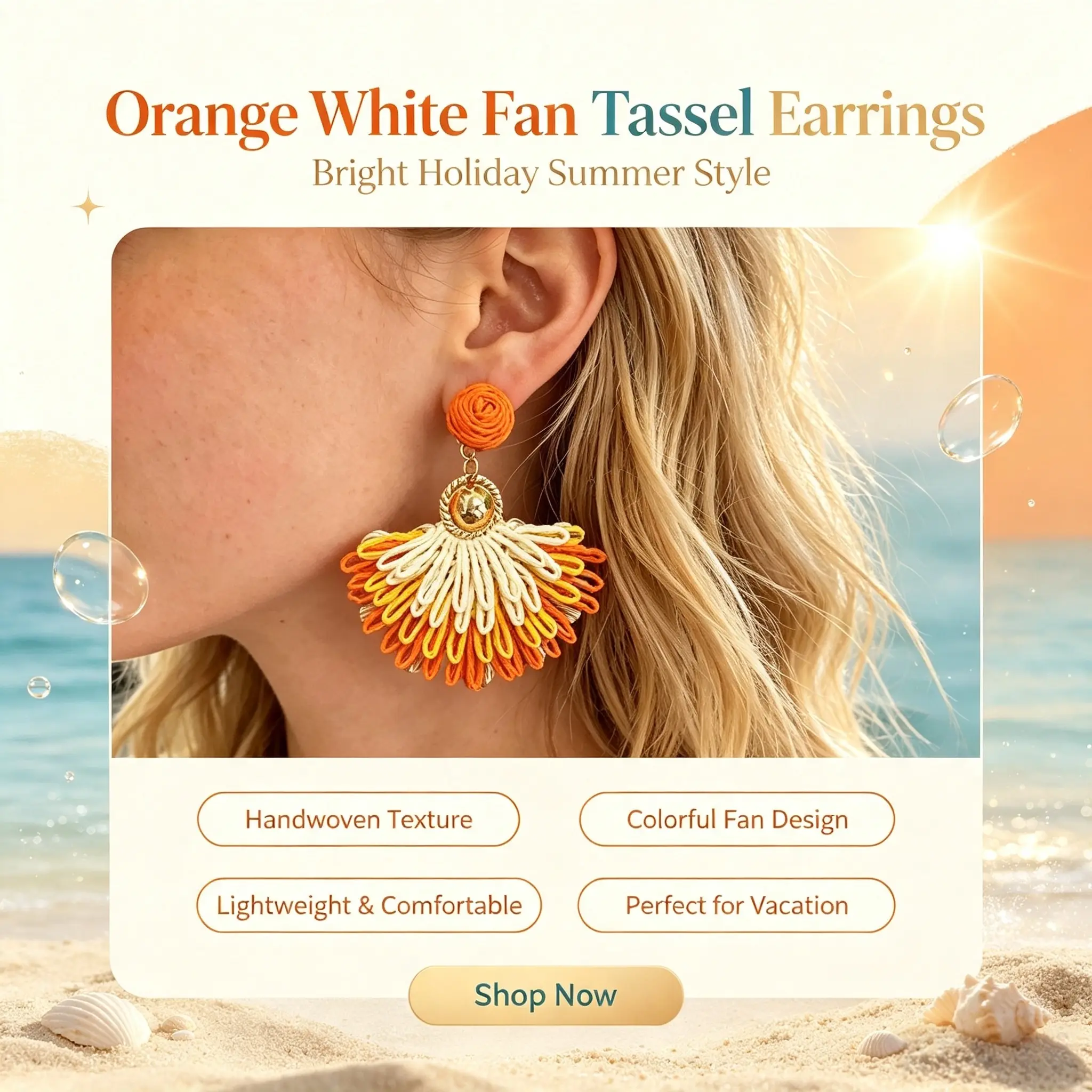 Orange White Fan Tassel Earrings Bright Holiday Summer Style Handwoven Texture Colorful Fan Design Lightweight Comfortable Perfect for Vacation